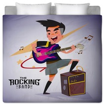 Guitarist With Bright Emotions Playing Rock Electric Guitar Near An Amp Character Design Typographic Rock Design Vector Illustration Bedding 115722520