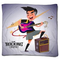 Guitarist With Bright Emotions Playing Rock Electric Guitar Near An Amp Character Design Typographic Rock Design Vector Illustration Blankets 115722520