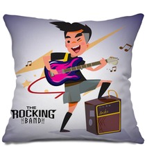 Guitarist With Bright Emotions Playing Rock Electric Guitar Near An Amp Character Design Typographic Rock Design Vector Illustration Pillows 115722520