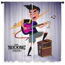 Guitarist With Bright Emotions Playing Rock Electric Guitar Near An Amp Character Design Typographic Rock Design Vector Illustration Window Curtains 115722520