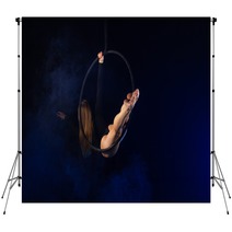 Gymnast Girl Aerial Acrobatics On The Ring On The Background Of Blue Smoke In The Dark Backdrops 252480243
