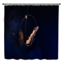 Gymnast Girl Aerial Acrobatics On The Ring On The Background Of Blue Smoke In The Dark Bath Decor 252480243