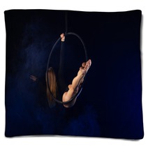 Gymnast Girl Aerial Acrobatics On The Ring On The Background Of Blue Smoke In The Dark Blankets 252480243