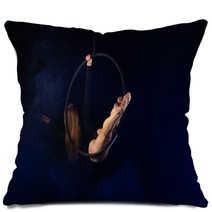 Gymnast Girl Aerial Acrobatics On The Ring On The Background Of Blue Smoke In The Dark Pillows 252480243