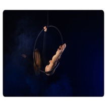 Gymnast Girl Aerial Acrobatics On The Ring On The Background Of Blue Smoke In The Dark Rugs 252480243