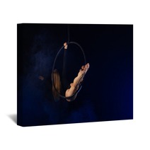 Gymnast Girl Aerial Acrobatics On The Ring On The Background Of Blue Smoke In The Dark Wall Art 252480243