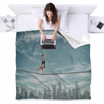 Gymnast Tightrope Above City Blankets 123512869