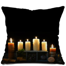 Halloween Background With Candles And Magic Objects Pillows 84300351
