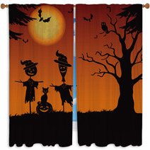 Halloween Landscape Scarecrows And Pumpkin Window Curtains 68212298