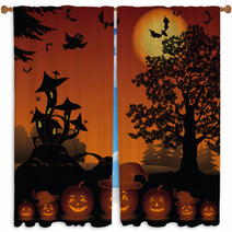 Halloween Landscape With Pumpkins Jack o lantern Window Curtains 68238929
