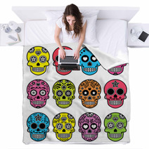 Halloween Mexican Sugar Skull Dia De Los Muertos Icons Set Blankets 92588813