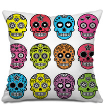 Halloween Mexican Sugar Skull Dia De Los Muertos Icons Set Pillows 92588813