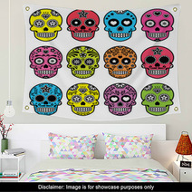 Halloween Mexican Sugar Skull Dia De Los Muertos Icons Set Wall Art 92588813