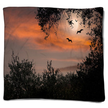 Halloween Sunset With Bats And Full Moon Blankets 87494362