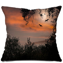 Halloween Sunset With Bats And Full Moon Pillows 87494362