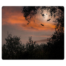 Halloween Sunset With Bats And Full Moon Rugs 87494362