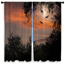 Halloween Sunset With Bats And Full Moon Window Curtains 87494362