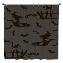 Halloween Witch On A Broomstick Bats Cats Seamless Pattern Bath Decor 68362610