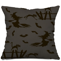 Halloween Witch On A Broomstick Bats Cats Seamless Pattern Pillows 68362610