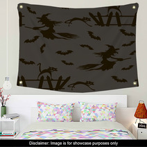 Halloween Witch On A Broomstick Bats Cats Seamless Pattern Wall Art 68362610