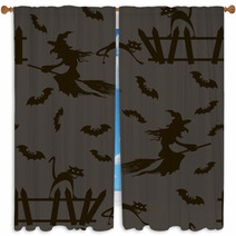 Halloween Witch On A Broomstick Bats Cats Seamless Pattern Window Curtains 68362610