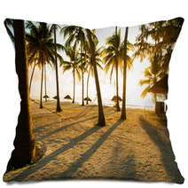 Hammock, Huts And Palm Trees In Tropical Paradise Pillows 61437216