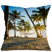 Hammock, Huts And Palmt Rees In Tropical Paradise Pillows 61437218