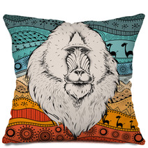 Hand Draw Mandrill Portra On African Hand Draw Ethno Pattern Tribal Background Beautiful Black Woman Profile View Vector Illustration Pillows 196090488