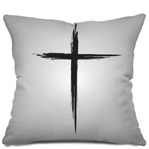 Hand Drawn Black Grunge Cross Icon Simple Christian Cross Sign Hand Painted Cross Pillows 122486963