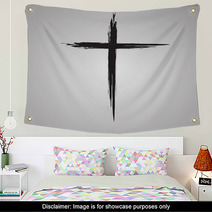 Hand Drawn Black Grunge Cross Icon Simple Christian Cross Sign Hand Painted Cross Wall Art 122486963