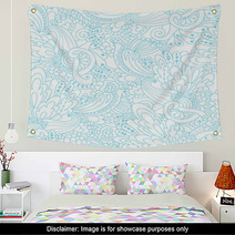 Hand drawn Doodle Waves Floral Pattern Abstract Blue Leaves And Wall Art 71167193