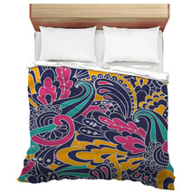 Hand-drawn Doodle Waves Floral Pattern, Abstract Colorful Leaves Bedding 71788384
