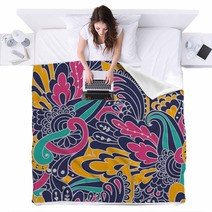 Hand-drawn Doodle Waves Floral Pattern, Abstract Colorful Leaves Blankets 71788384