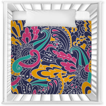Hand-drawn Doodle Waves Floral Pattern, Abstract Colorful Leaves Nursery Decor 71788384