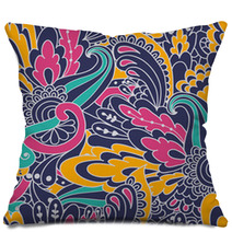 Hand-drawn Doodle Waves Floral Pattern, Abstract Colorful Leaves Pillows 71788384