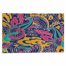 Hand-drawn Doodle Waves Floral Pattern, Abstract Colorful Leaves Rugs 71788384