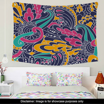 Hand-drawn Doodle Waves Floral Pattern, Abstract Colorful Leaves Wall Art 71788384