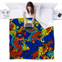 Hand-drawn Doodle Waves Floral Pattern, Abstract Green Leaves An Blankets 71027870