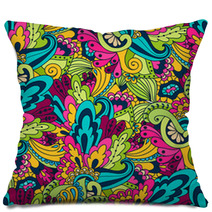 Hand-drawn Doodle Waves Floral Pattern, Abstract Green Leaves An Pillows 71027874