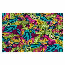 Hand-drawn Doodle Waves Floral Pattern, Abstract Green Leaves An Rugs 71027874