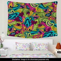 Hand-drawn Doodle Waves Floral Pattern, Abstract Green Leaves An Wall Art 71027874