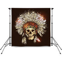 Hand Drawn Native American Indian Headdress With Human Skull Vector Color Illustration Of Indian Tribal Chief Feather Hat And Skull Backdrops 117181788