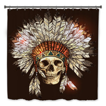 Hand Drawn Native American Indian Headdress With Human Skull Vector Color Illustration Of Indian Tribal Chief Feather Hat And Skull Bath Decor 117181788