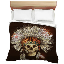 Hand Drawn Native American Indian Headdress With Human Skull Vector Color Illustration Of Indian Tribal Chief Feather Hat And Skull Bedding 117181788
