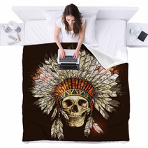 Hand Drawn Native American Indian Headdress With Human Skull Vector Color Illustration Of Indian Tribal Chief Feather Hat And Skull Blankets 117181788