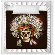 Hand Drawn Native American Indian Headdress With Human Skull Vector Color Illustration Of Indian Tribal Chief Feather Hat And Skull Nursery Decor 117181788