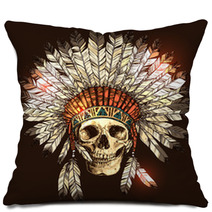 Hand Drawn Native American Indian Headdress With Human Skull Vector Color Illustration Of Indian Tribal Chief Feather Hat And Skull Pillows 117181788