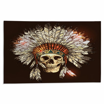 Hand Drawn Native American Indian Headdress With Human Skull Vector Color Illustration Of Indian Tribal Chief Feather Hat And Skull Rugs 117181788