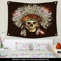Hand Drawn Native American Indian Headdress With Human Skull Vector Color Illustration Of Indian Tribal Chief Feather Hat And Skull Wall Art 117181788