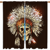 Hand Drawn Native American Indian Headdress With Human Skull Vector Color Illustration Of Indian Tribal Chief Feather Hat And Skull Window Curtains 117181788